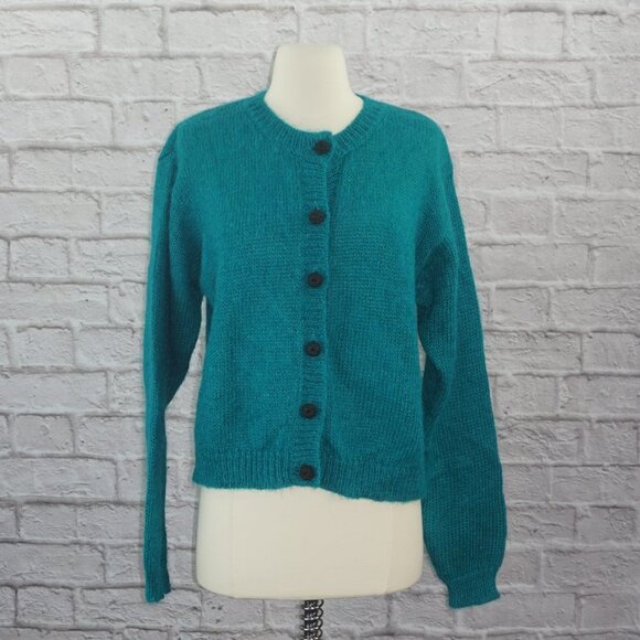Vintage 80s Mohair Teal Cardigan Sweater Small - Picture 1 of 7